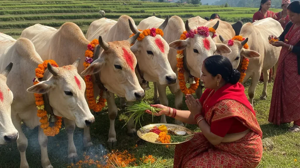 कात्तिक शुक्ल प्रतिपदा आज : गाई र गोरुको पूजा गर्दै मनाइँदै गाई तिहार र गोवद्र्धन पूजा